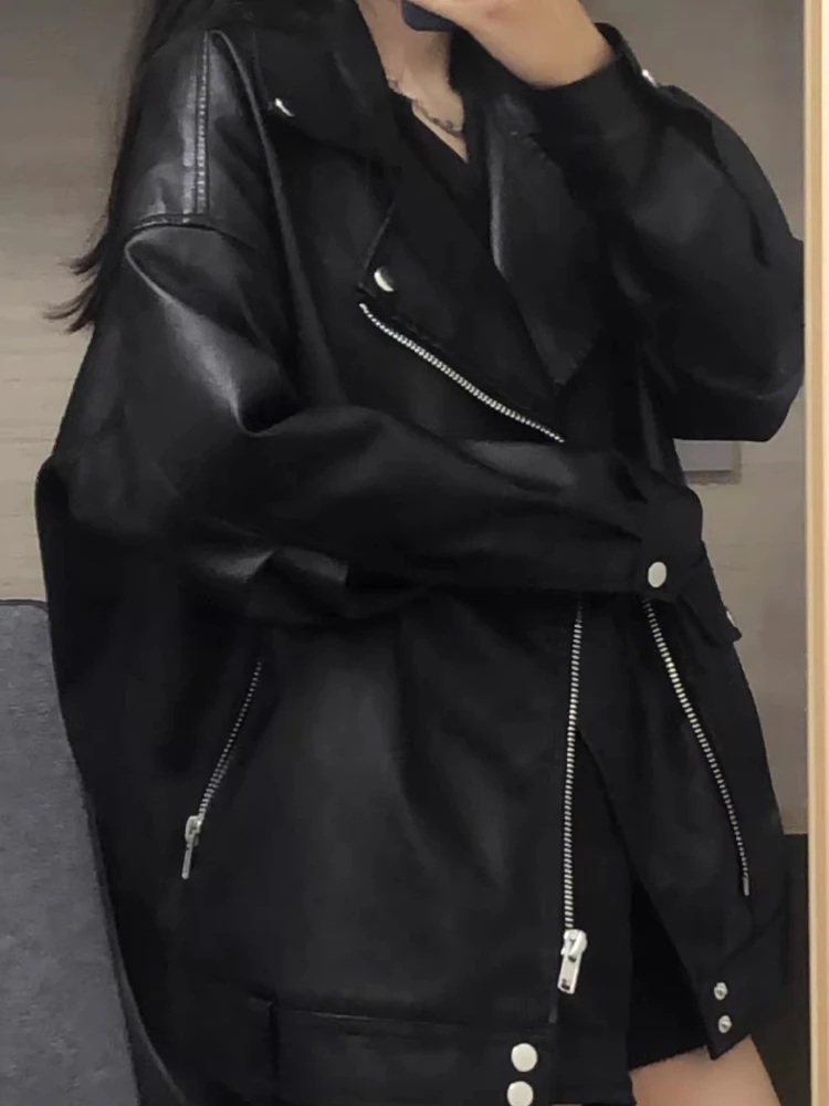 Autumn Winter Fashion Women Solid Color Loose Causal Outerwear Black PU Leather Jackets European Motorcycle Faux Leather Jackets - Image 6