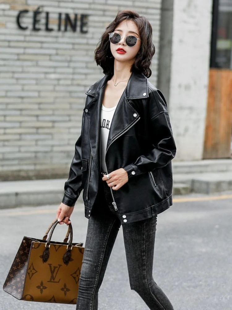 Autumn Winter Fashion Women Solid Color Loose Causal Outerwear Black PU Leather Jackets European Motorcycle Faux Leather Jackets - Image 4