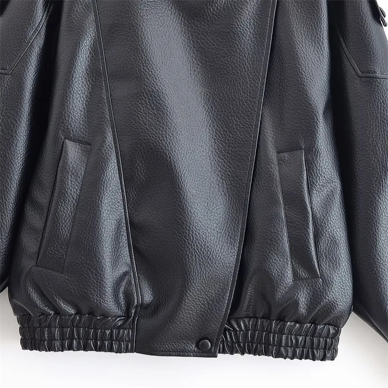 Women's Jacket Fall 2025 New Black Long Sleeve Pebble Faux Leather Jacket Motorcycle Style Personality Fashion - Image 3