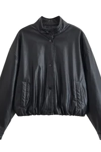 Woman's Faux Leather Bomber Jacket High Collar Pleated Solid Single-breasted Pockets Cropped Motorcycle Jacket Autumn Coat
