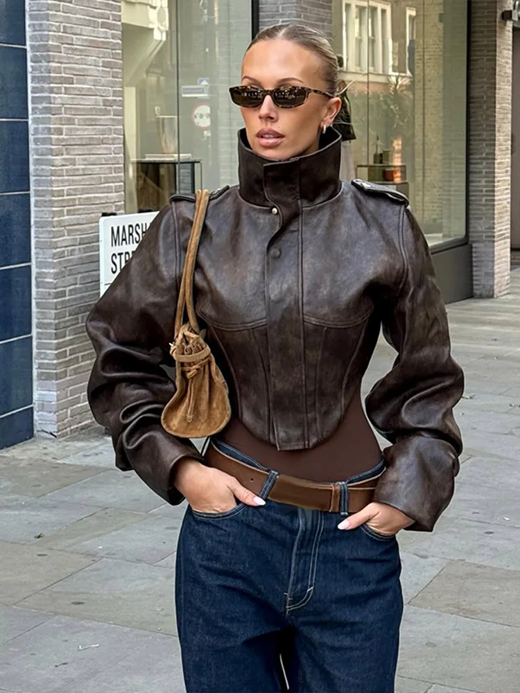 Vintage Women's Cropped Faux Leather Jacket Stand Collar Balloon Sleeve Biker Style PU Leather Coat Streetwear Fashion Outfit - Image 4