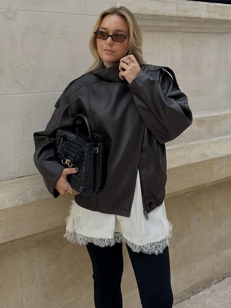 HH Fashion Women Faux Leather Loose Jacket 2025 Stand Collar Long Sleeve High Street Coat Autumn Winter Lady Locomotive Outwear - Image 3