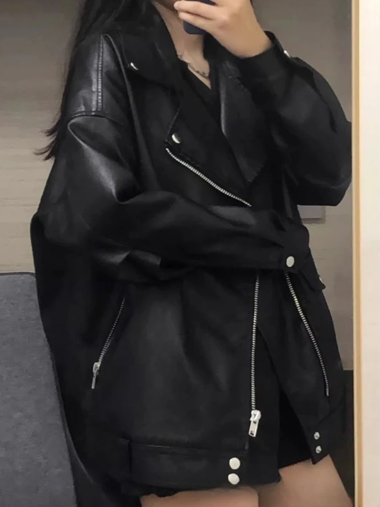 Autumn Winter Fashion Women Solid Color Loose Causal Outerwear Black PU Leather Jackets European Motorcycle Faux Leather Jackets - Image 3