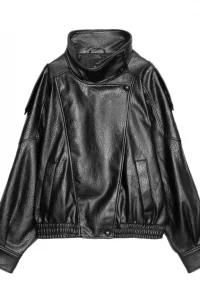 Women's Jacket Fall 2025 New Black Long Sleeve Pebble Faux Leather Jacket Motorcycle Style Personality Fashion