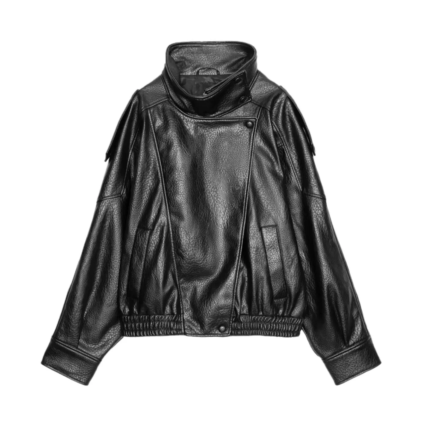 Women's Jacket Fall 2025 New Black Long Sleeve Pebble Faux Leather Jacket Motorcycle Style Personality Fashion