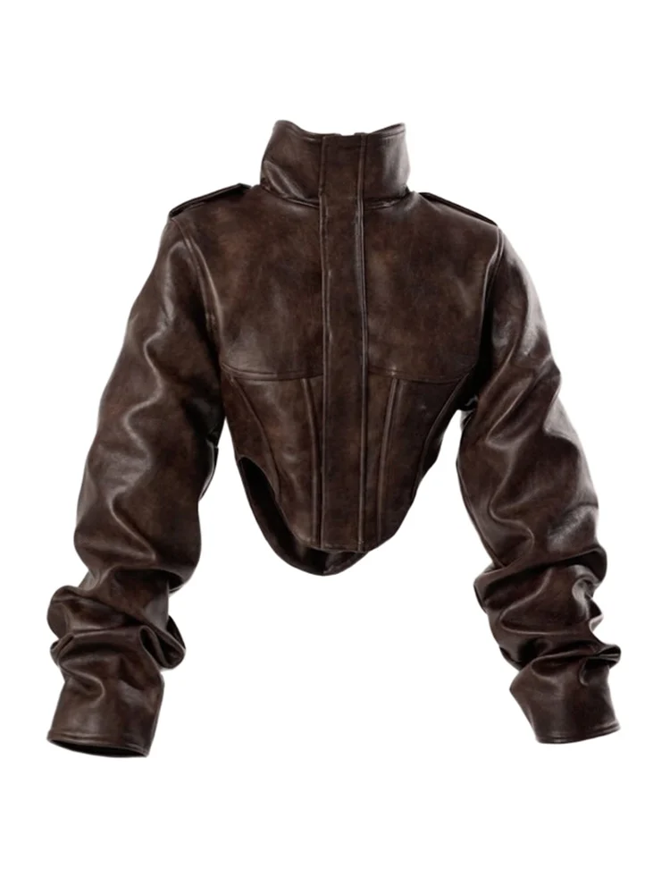 Vintage Women's Cropped Faux Leather Jacket Stand Collar Balloon Sleeve Biker Style PU Leather Coat Streetwear Fashion Outfit - Image 2