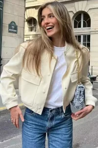 MUJER 2025 Woman Bomber Jacket White Autumn Winter Button Cropped Jackets for Women Fashion Long Sleeve Women Coats Outerwears