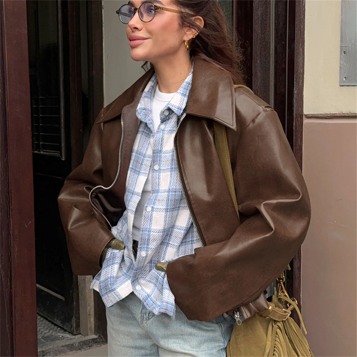 Women Vintage Wine Red Faux Leather Jakcet Fashion Outerwear Zipper Lapel Pu Coats Autumn Winter Streetwear Ladies Short Tops - Image 2