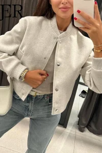 MUJER 2025 Women Jacket Cropped Bomber Jackets For Women Beige Black Tweed Jacket Woman Fashion Long Sleeve New In Short Coats