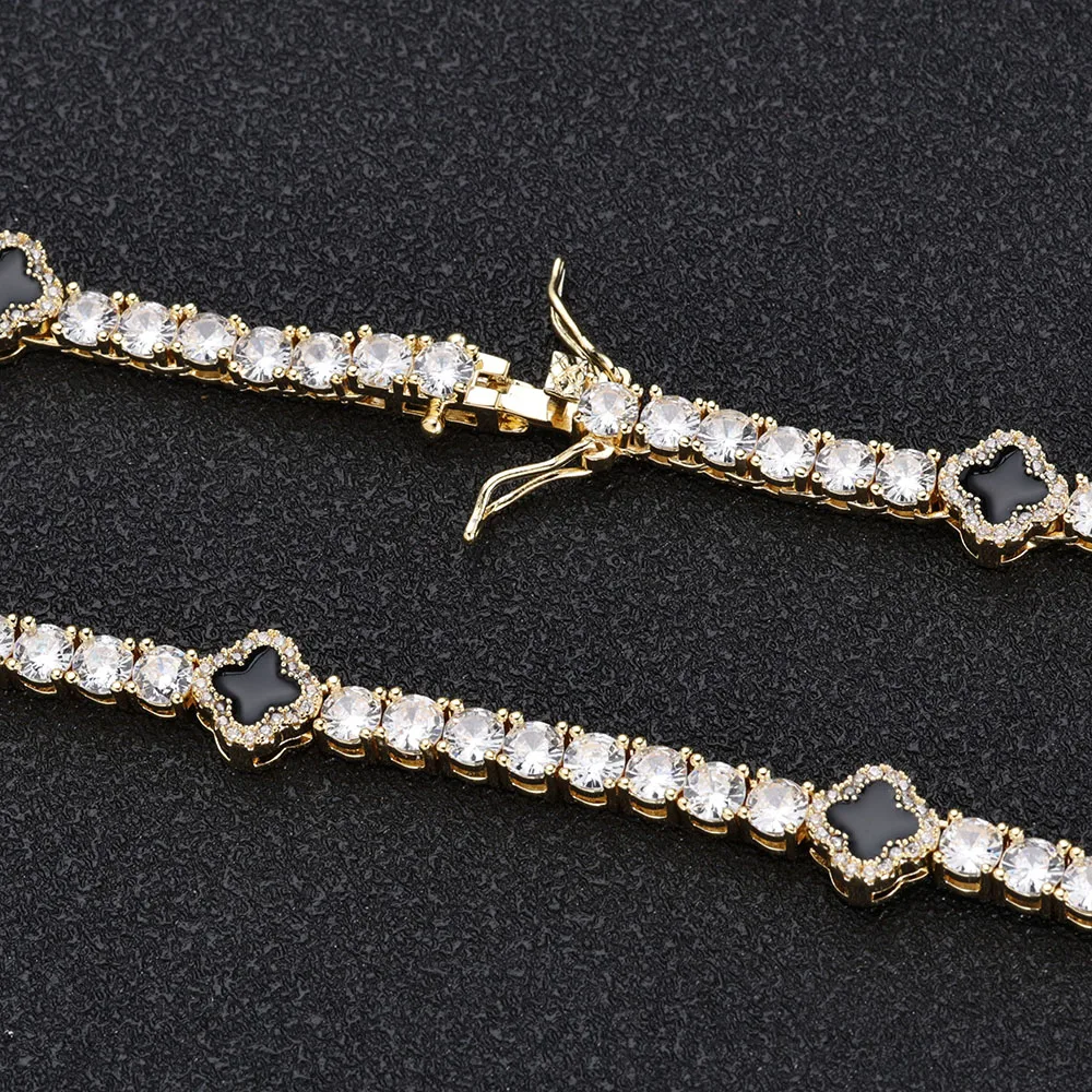 Hip Hop Ice Flower Tennis Clavicle Necklace New Cube Zirconia Brass Black Drip Oil Tennis Chain Jewelry Women Men - Image 6