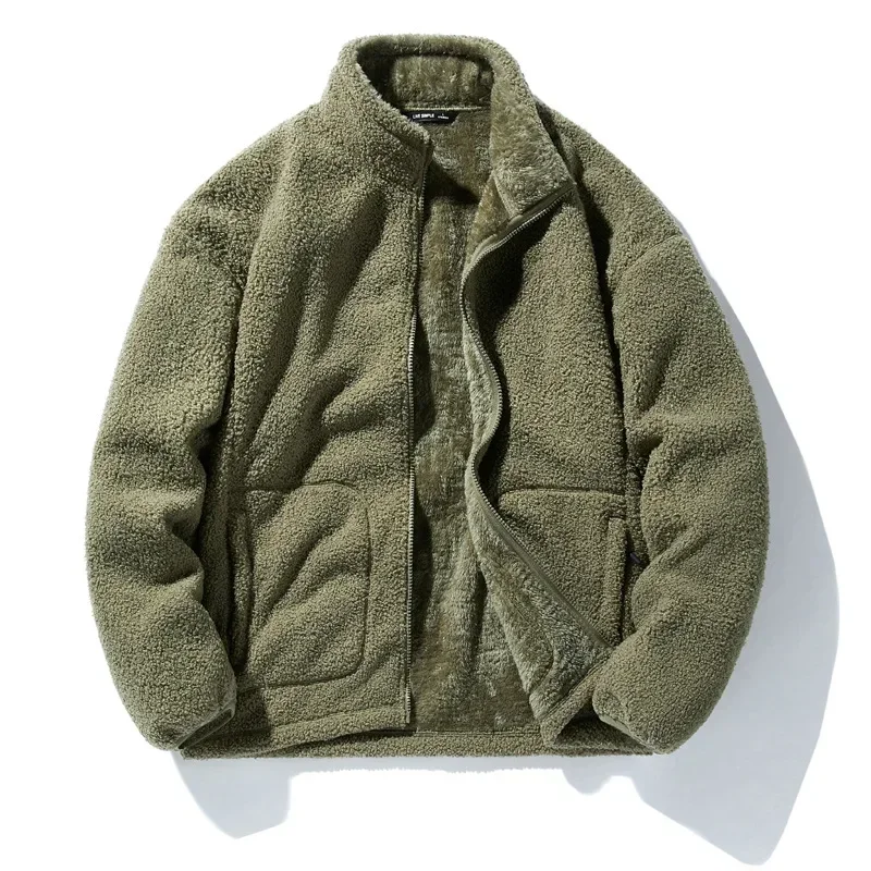 Winter Fleece Jackets Men Solid Color Loose Casual Warm Coat Mens Stand Collar Outerwear Jacket Harajuku Streetwear Plus Size - Image 3