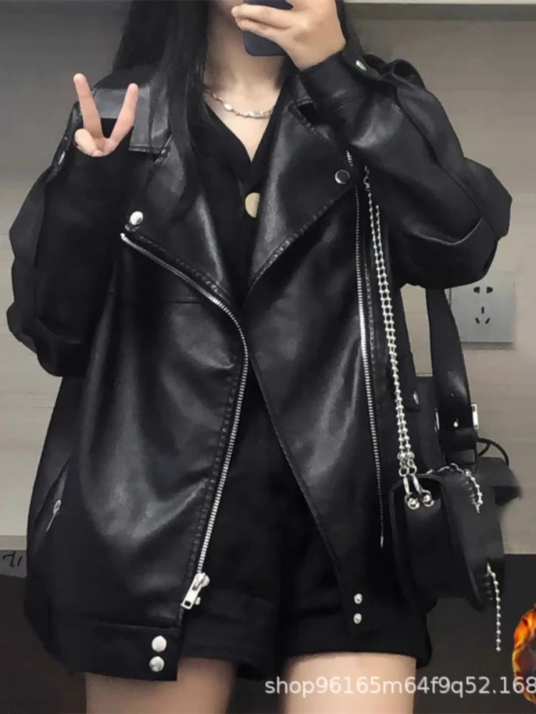 Autumn Winter Fashion Women Solid Color Loose Causal Outerwear Black PU Leather Jackets European Motorcycle Faux Leather Jackets - Image 5