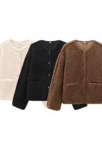 2024 autumn and winter new women's loose casual long-sleeved round neck solid color comfortable simple fleece jacket