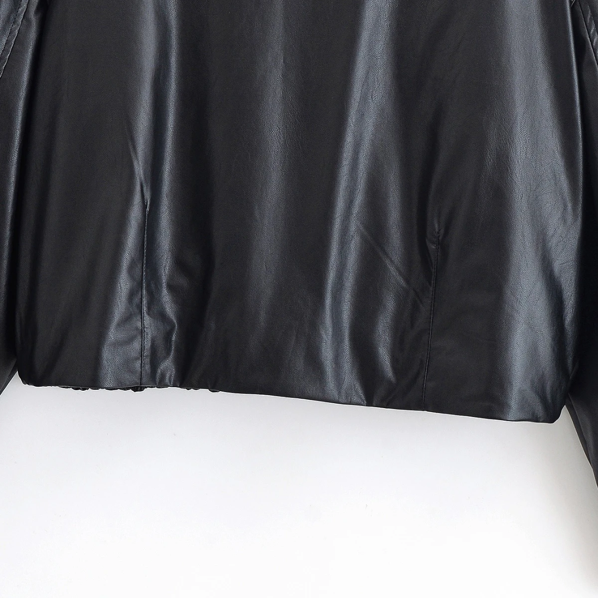 Woman's Faux Leather Bomber Jacket High Collar Pleated Solid Single-breasted Pockets Cropped Motorcycle Jacket Autumn Coat - Image 5