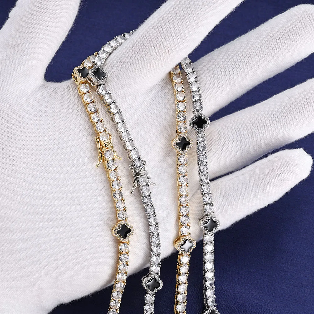 Hip Hop Ice Flower Tennis Clavicle Necklace New Cube Zirconia Brass Black Drip Oil Tennis Chain Jewelry Women Men