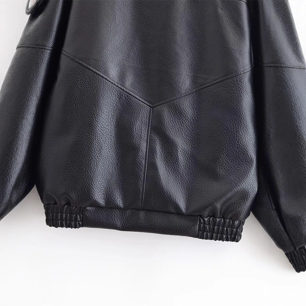 Women's Jacket Fall 2025 New Black Long Sleeve Pebble Faux Leather Jacket Motorcycle Style Personality Fashion - Image 2