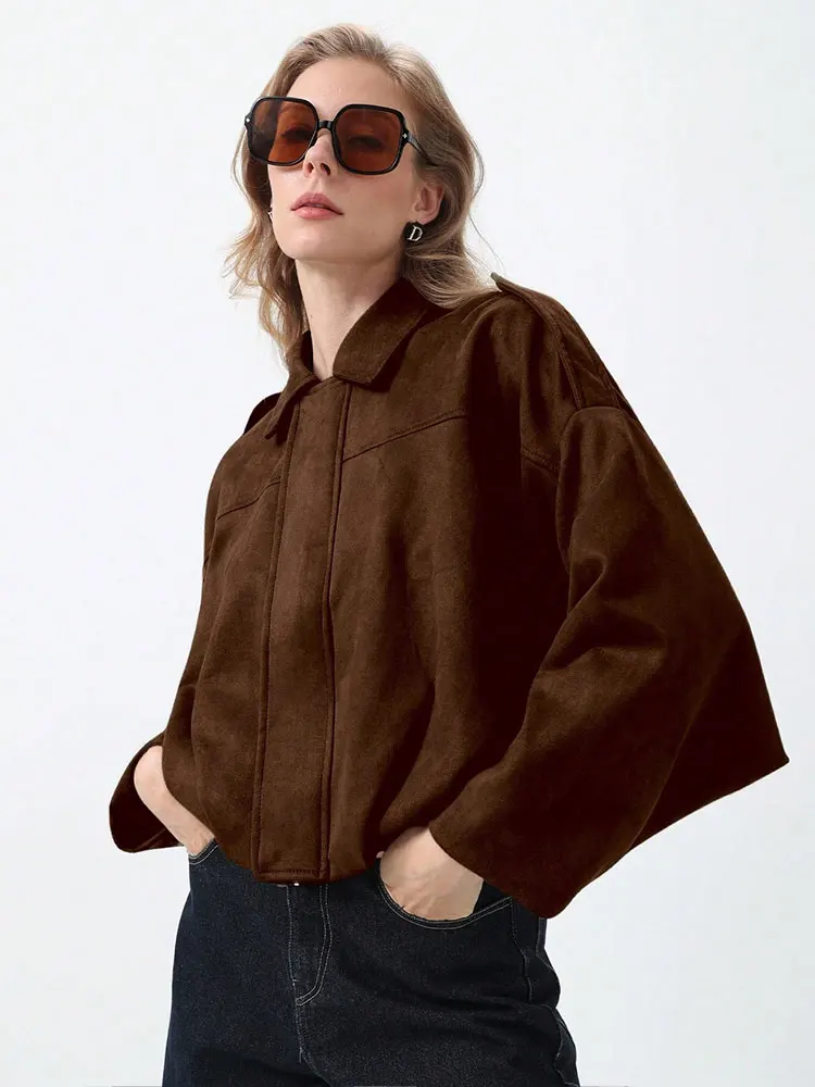 HH Women's Bomber Jackets Suede Coat Fashion Turn-down Collar Long Sleeve Loose Coats Vintage Female Outerwear Chic Tops - Image 4