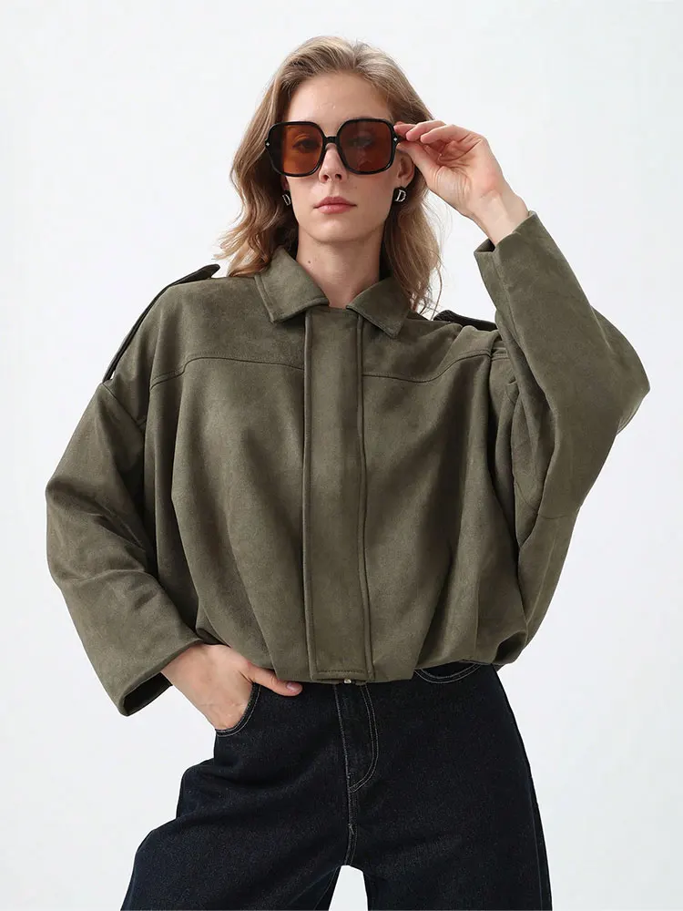 HH Women's Bomber Jackets Suede Coat Fashion Turn-down Collar Long Sleeve Loose Coats Vintage Female Outerwear Chic Tops - Image 2