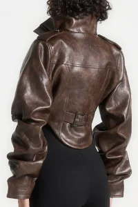 Vintage Women's Cropped Faux Leather Jacket Stand Collar Balloon Sleeve Biker Style PU Leather Coat Streetwear Fashion Outfit