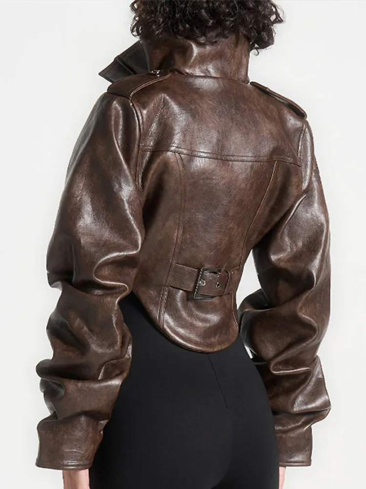 Vintage Women's Cropped Faux Leather Jacket Stand Collar Balloon Sleeve Biker Style PU Leather Coat Streetwear Fashion Outfit