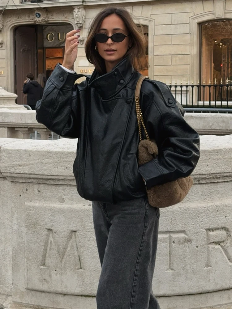 HH Fashion Women Faux Leather Loose Jacket 2025 Stand Collar Long Sleeve High Street Coat Autumn Winter Lady Locomotive Outwear - Image 5