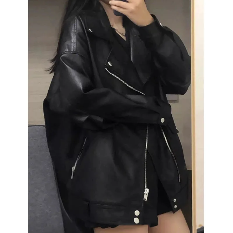 Autumn Winter PU Leather Jacket Women's Korean Loose Locomotive Short Black Cotton Thickened Leather Coat Zipper Outwear Tops - Image 2