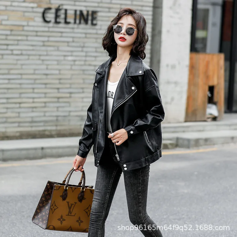 Autumn Winter PU Leather Jacket Women's Korean Loose Locomotive Short Black Cotton Thickened Leather Coat Zipper Outwear Tops - Image 4