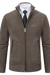 Autumn Spring Men's Sweater Coat Brown Jacket Business Casual Turtleneck Zipper Overcoat Wool Velvet Pullovers Cold Sweatercoat