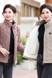 Women Furry Jacket Lamb Wool Liner Zipper Cotton-padded Jackets Full Sleeve Pocket Coats Casual Plus Velvet Jacket Outerwears