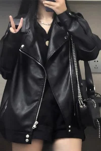 Autumn Winter Fashion Women Solid Color Loose Causal Outerwear Black PU Leather Jackets European Motorcycle Faux Leather Jackets