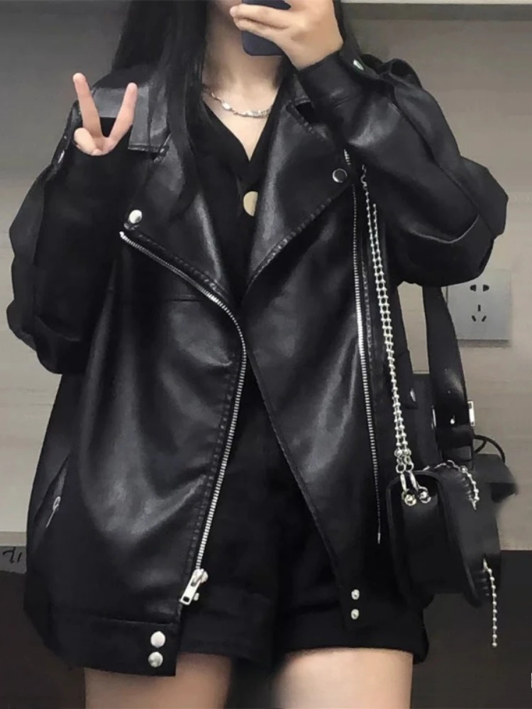 Autumn Winter Fashion Women Solid Color Loose Causal Outerwear Black PU Leather Jackets European Motorcycle Faux Leather Jackets