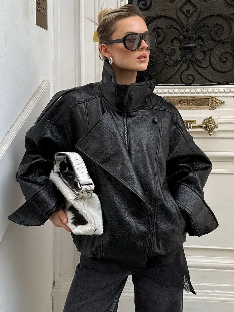 HH Fashion Women Faux Leather Loose Jacket 2025 Stand Collar Long Sleeve High Street Coat Autumn Winter Lady Locomotive Outwear - Image 4