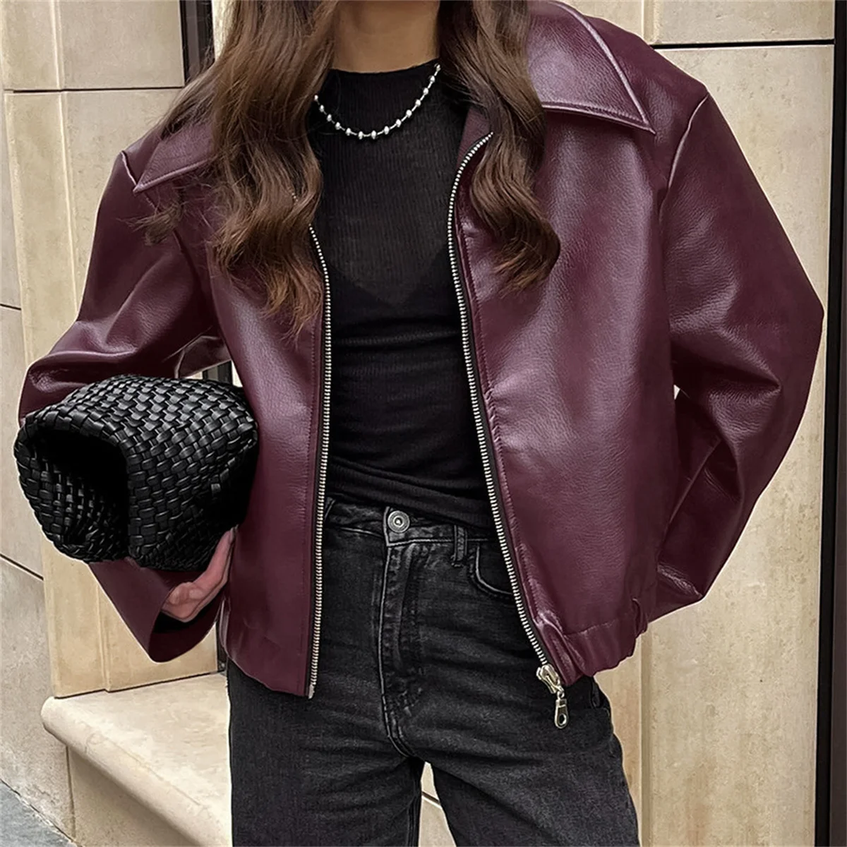 Women Vintage Wine Red Faux Leather Jakcet Fashion Outerwear Zipper Lapel Pu Coats Autumn Winter Streetwear Ladies Short Tops - Image 3