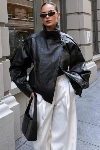 HH Fashion Women Faux Leather Loose Jacket 2025 Stand Collar Long Sleeve High Street Coat Autumn Winter Lady Locomotive Outwear