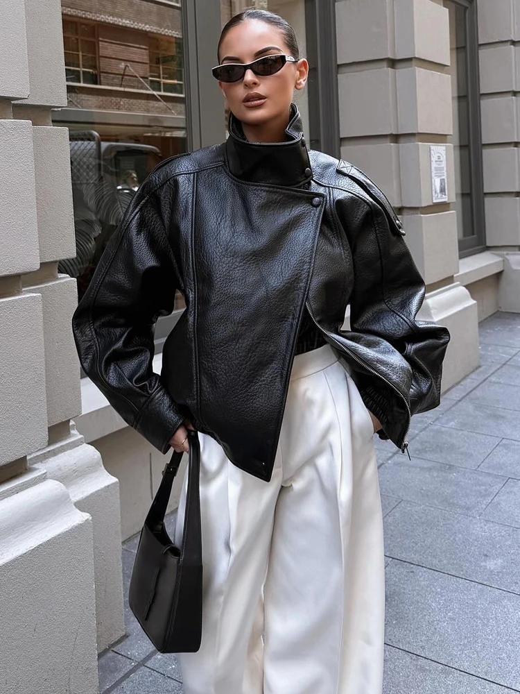 HH Fashion Women Faux Leather Loose Jacket 2025 Stand Collar Long Sleeve High Street Coat Autumn Winter Lady Locomotive Outwear