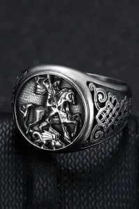 Megin D Stainless Steel Titanium Hip Hop Punk Knight Saint George and the Dragon Band Rings for Men Women Gift Fashion Jewelry