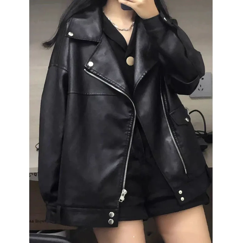 Autumn Winter PU Leather Jacket Women's Korean Loose Locomotive Short Black Cotton Thickened Leather Coat Zipper Outwear Tops - Image 3