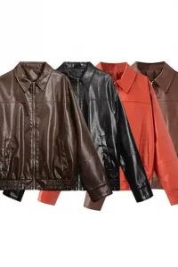 Spring 2025 Women's Zipper Decorated Faux Leather Patchwork Pilot Jacket Outerwear Loose Fit Full Sleeve 3D Print Decor