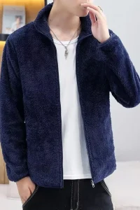 Men's New Autumn and Winter Stand Collar Zipper Pocket Fashionable Solid Color Long-sleeved Top Fleece Double-sided Jacket