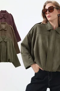 HH Women's Bomber Jackets Suede Coat Fashion Turn-down Collar Long Sleeve Loose Coats Vintage Female Outerwear Chic Tops