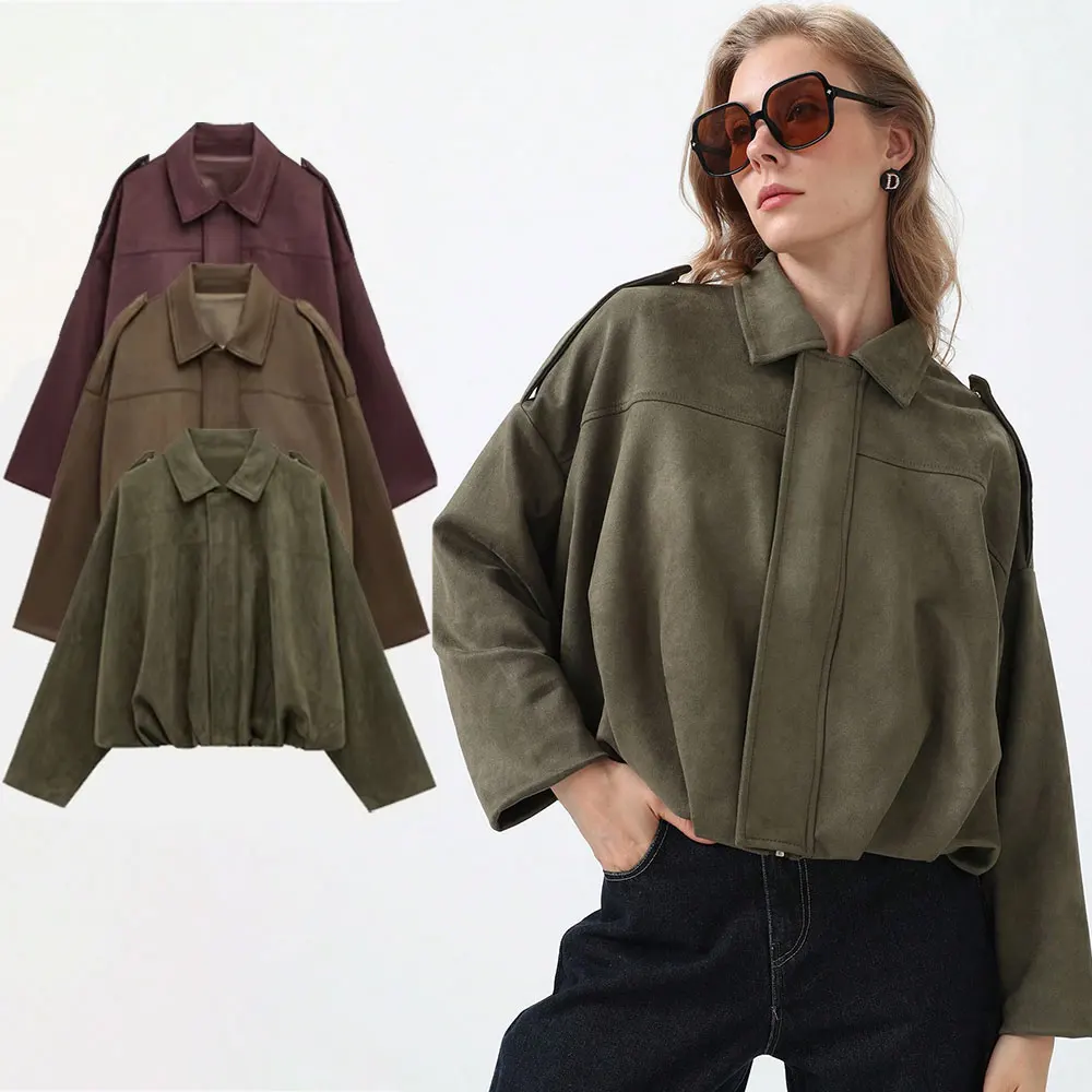 HH Women's Bomber Jackets Suede Coat Fashion Turn-down Collar Long Sleeve Loose Coats Vintage Female Outerwear Chic Tops