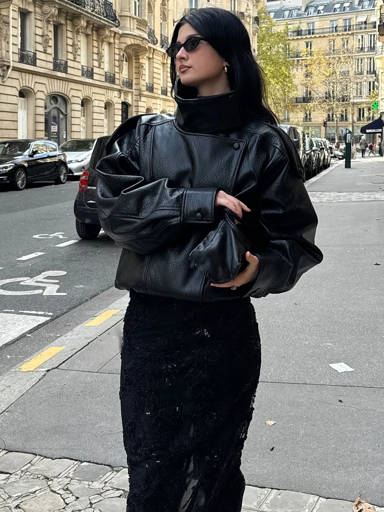 HH Fashion Women Faux Leather Loose Jacket 2025 Stand Collar Long Sleeve High Street Coat Autumn Winter Lady Locomotive Outwear - Image 6