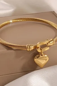 18k Gold Color Stainless Steel Heart Pendant Charm Bangle Bracelets for Men Women