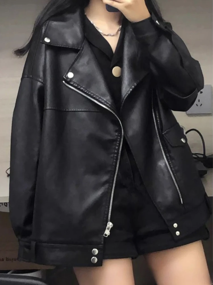 Autumn Winter Fashion Women Solid Color Loose Causal Outerwear Black PU Leather Jackets European Motorcycle Faux Leather Jackets - Image 2