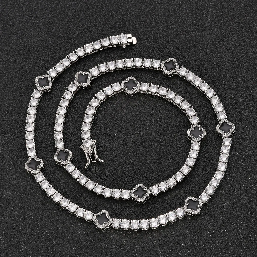 Hip Hop Ice Flower Tennis Clavicle Necklace New Cube Zirconia Brass Black Drip Oil Tennis Chain Jewelry Women Men - Image 4