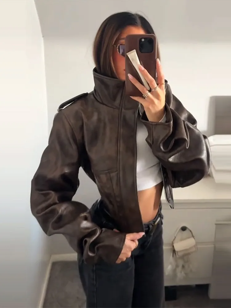 Vintage Women's Cropped Faux Leather Jacket Stand Collar Balloon Sleeve Biker Style PU Leather Coat Streetwear Fashion Outfit - Image 6