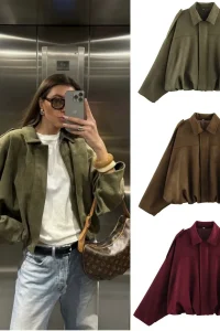 ETJ 2025 Spring new women's suede texture effect Loose version of fashion lapel shoulder bomber jacket