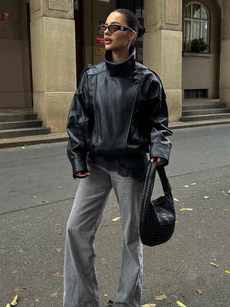 HH Fashion Women Faux Leather Loose Jacket 2025 Stand Collar Long Sleeve High Street Coat Autumn Winter Lady Locomotive Outwear - Image 2