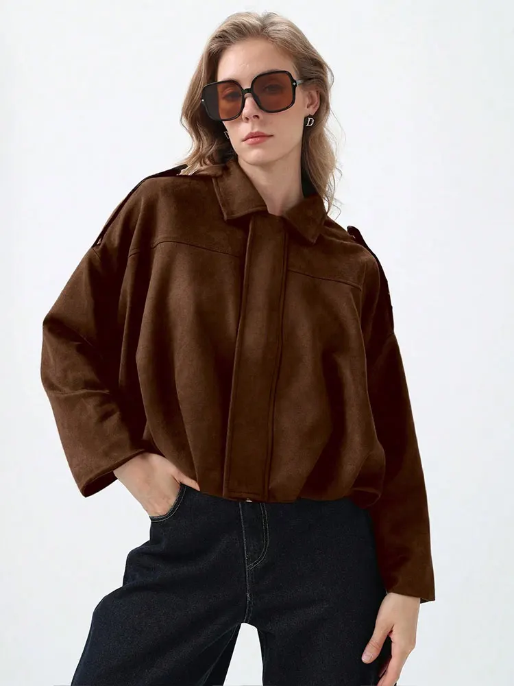 HH Women's Bomber Jackets Suede Coat Fashion Turn-down Collar Long Sleeve Loose Coats Vintage Female Outerwear Chic Tops - Image 3